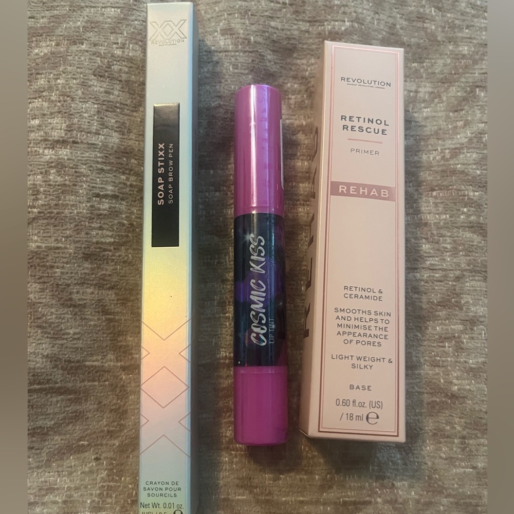 *5/$30* Revolution Retinol Rescue Primer, Lip Tint, and Soap Brow Pen